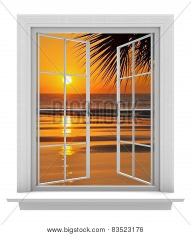 Open window with a tropical beach view and orange sunset