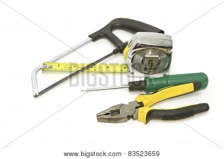 Carpenter Tools  With  Saw Pliers  Screwdriver And Measuring Tape