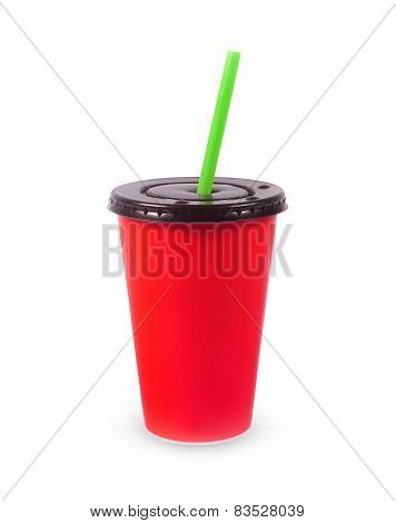 Red Disposable Cup With Drinking Straw. Isolated On White Background