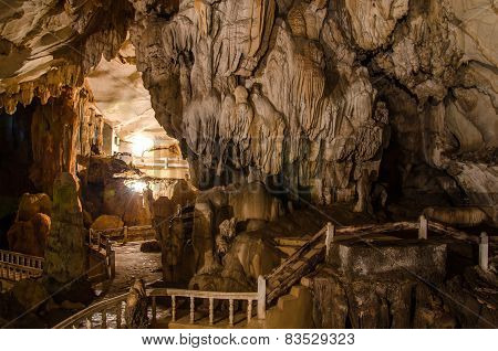 Pathway Underground Cave In Laos, With Stalagmites And Stalactites