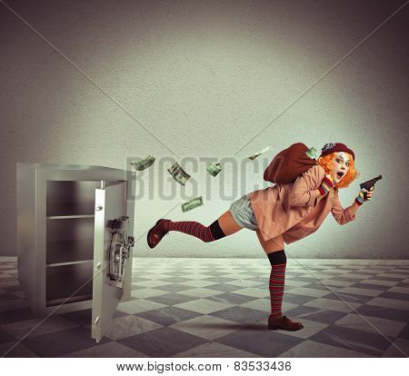 Clown steals from the safe