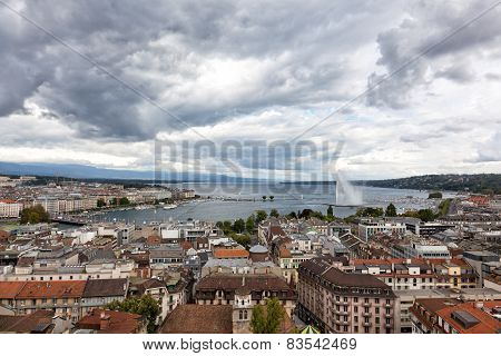 Panoramic View Of City Of Geneva, The Leman Lake And The Water Jet, In Switzerland, Europe, Aerial V