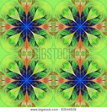 Pattern From Four Fractals  In Green, Brown And Darkblue. Computer Generated Graphics.