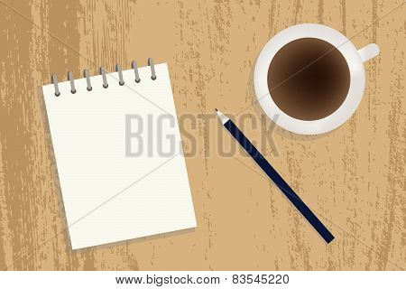 A Cup Of Coffee, Notebook And Pencil On A Table, Vector Illustration