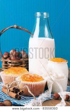 Breakfast Time (homemade Muffins With Orange And Cinnamon Jam, Yogurt, Milk, Nuts)