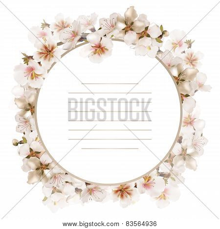Round Frame. Blooming Sakura On Isolated Background. Vector Template