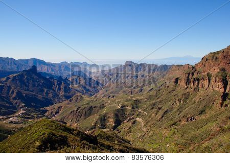 View Over Rugged Central Gran Canarian Landscape With Roque Bentayga