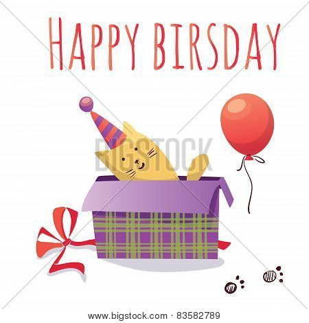 Colorful Birthday Card With Cat, Box And Balloon