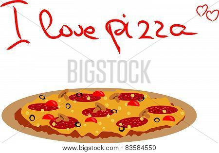 Vector drawing of pizza with salami, black olives, mushrooms and