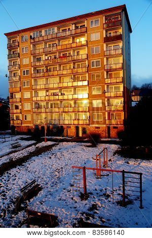 A Type Of House, Block Of Flats, In Beautiful Morning Light In Winter Snowy Land