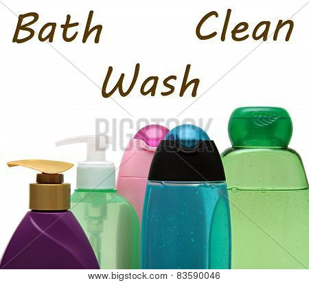 colored plastic bottles with liquid soap and shower gel.