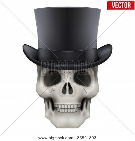 Human skull with black cylinder hat