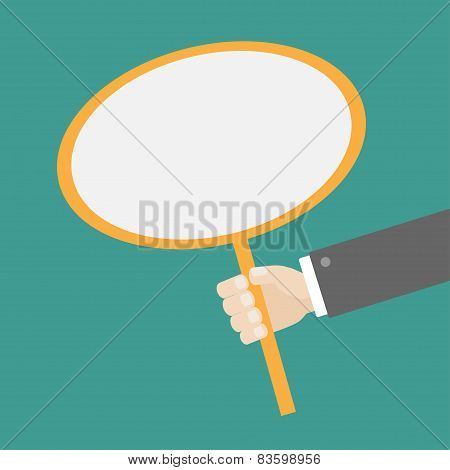 Businessman Hand Holding Oval Paper Blank Sign Plate Template Flat Design