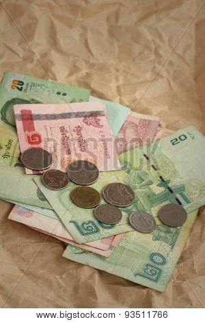 Thailand Baht Banknotes With Thailand Baht Coins.