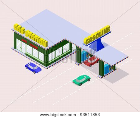 Isometric gas station with cars gasoline pump nozzles market cafe and markings on the road.