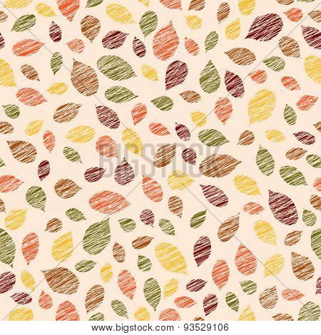 Autumn texture with scraped raspberry leaves. Warm seamless pattern.