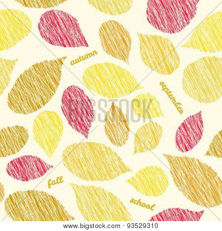 'Autumn soon'. Fall texture with scraped raspberry leaves. Bright seamless pattern.