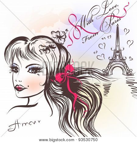 Cute French Girl's Face With Long Hair Sketch Style