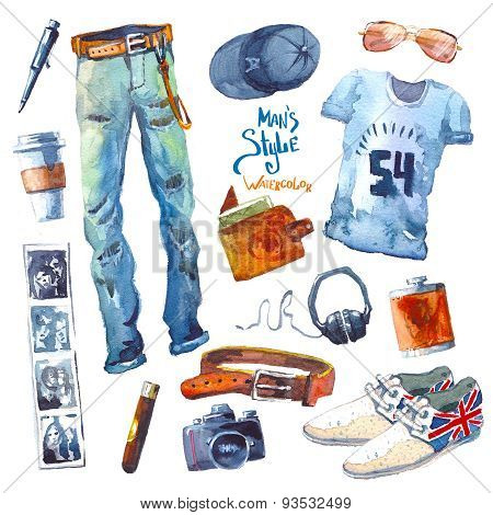 Set Of Trendy Look. Watercolor Clothes