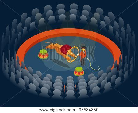 Lion jumping through ring. Circus show. Isometric 3d vector illustration