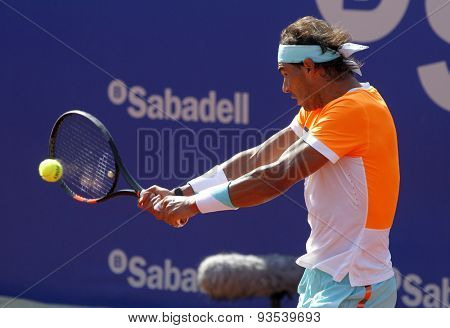 BARCELONA - APRIL, 23: Spanish tennis player Rafa Nadal in action during a match of Barcelona tennis tournament Conde de Godo on April 23 2015 in Barcelona
