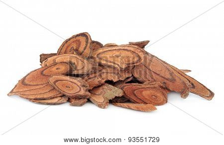 Millettia vine stem used in chinese herbal medicine over white background. Ji xue teng.