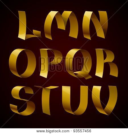 Set of isolated golden shiny ribbon font L-V letters