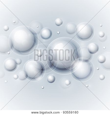 Realistic shiny transparent water drop bubbles on light grey bac