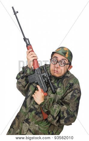 Military man with a gun isolated on white