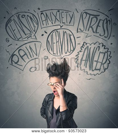 Mad young woman with extreme haisrtyle and speech bubbles concept on background