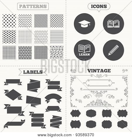 Pencil and open book signs. Graduation cap icon.