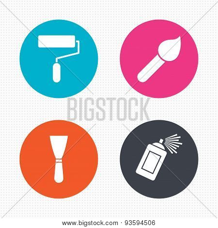 Paint roller, brush icon. Spray can and Spatula.
