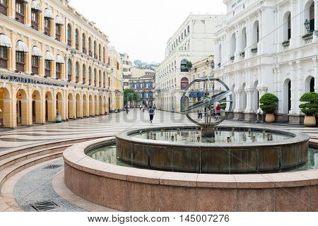 Macau, August 01, 2016: Fountain in the Historic Center of Macao, Senado Square