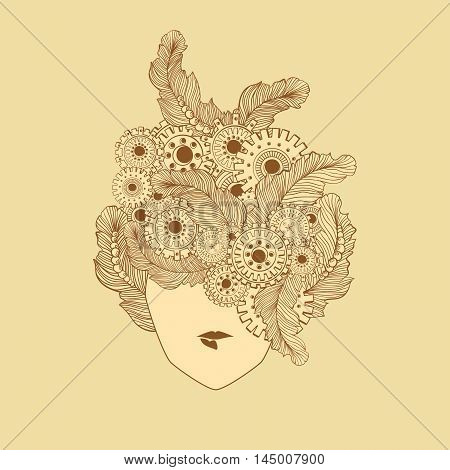 Concept art with stylized ladies hair with feathers and technology elements, gear-wheels. Woman fashion face. 