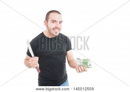 Crazy Male With Sharp Knife And Money