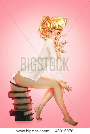 retro pin up painting of a bookish library girl in shirt sitting on pile of books