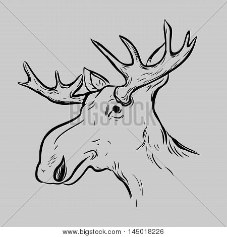 Elk, Deer Mascot Head.Elk Head Animal Symbol.Engrave isolated vector.Hand Drawn Graphic.Isolated on gray background.Great for Badge Label Sign Icon Logo.Design.Quality Elk, Deer Emblem.