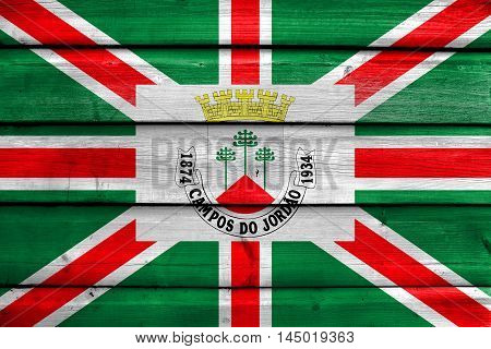 Flag Of Municipio De Campos Do Jordao, Sao Paulo, Brazil, Painted On Old Wood Plank Background