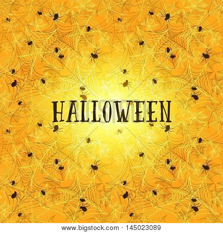 Yellow halloween background with spider web or gossamer pattern and place for text