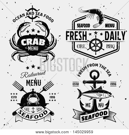 Seafood menu monochrome emblems with nautical symbols shellfish cloche on white background with stains isolated vector illustration