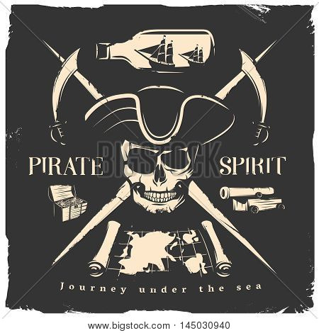 Black pirates print or poster with headline pirate spirit journey under the sea vector illustration