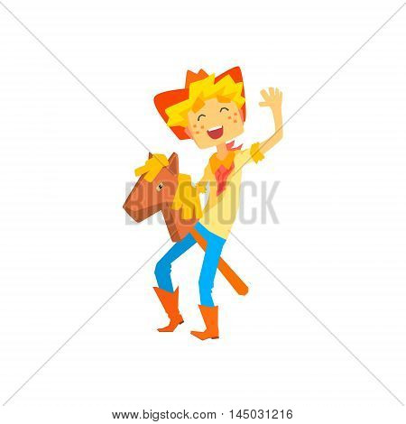 Boy In Cowboy Costume Riding Toy Horse Head On A Stick. Cool Colorful Wild West Themed Vector Illustration In Stylized Geometric Cartoon Design