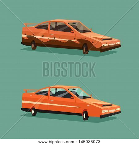 Dirty and clean car. American automobile. Cartoon vector illustration. Car wash. Dirt and shining clean car isolated. Design element.