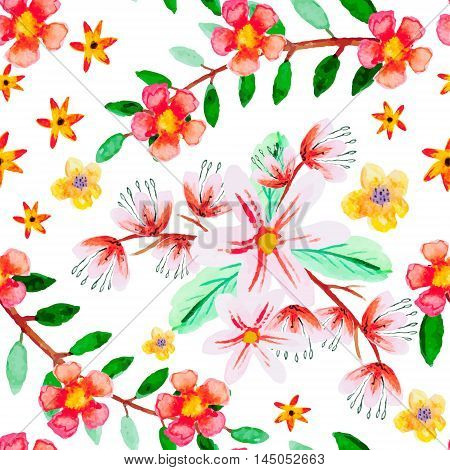 Seamless pattern with abstract watercolor flowers. Red pink yellow and orange flowers on a white background. Beautiful background for any surface.
