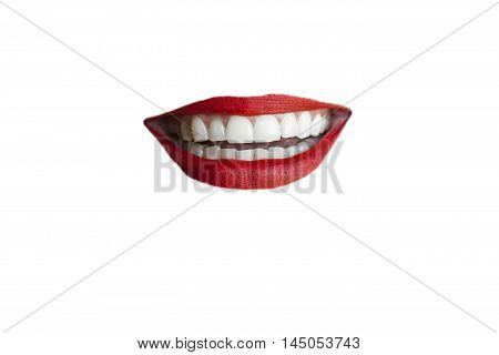 Isolated red lips smiling on white background.