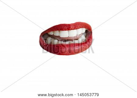 Isolated disgusted red lips on white background.