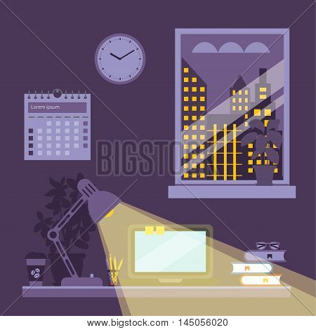 Night office desk concept with office elements. Night workspace illustration. Desk lamp light in night office concept in cartoon flat style. Vector illustration of night office workplace background