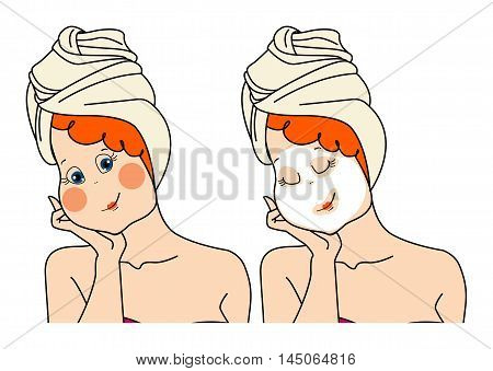 Woman makes a face mask.Two images of a woman pack. Vector iisolated illustration on white background