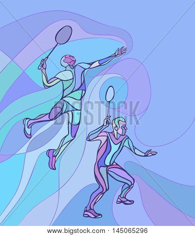 Creative color Professional Badminton players. Vector illustration. Two people, men doubles championship Eps8