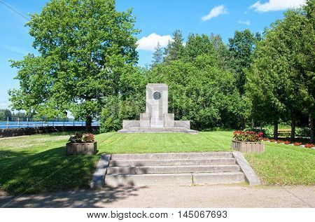 IMATRA, FINLAND - JULY 2, 2016: Memorial Cemetery Monument next to The Vuoksi River not far from The Imatrankoski Rapid